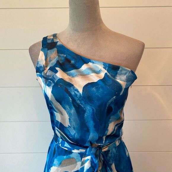Size 2 Nicole Miller Dress One Shoulder Swirls Blue Whimsy Romantic Elegant - Picture 2 of 11